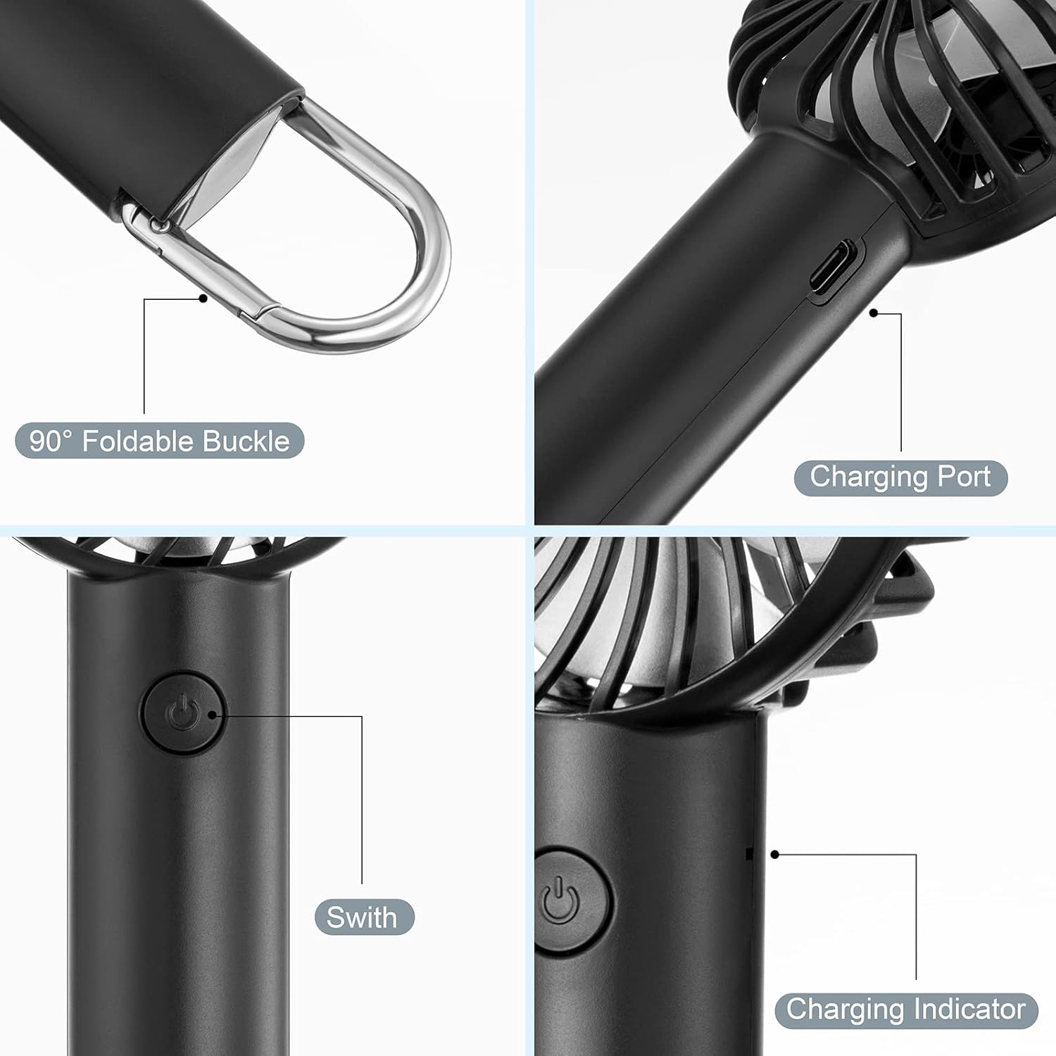 Portable Hand-held Fan Mini Fan Cooling USB Rechargeable 3 Speed With Clip Black