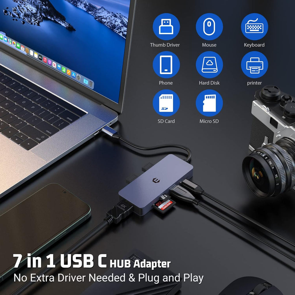 USB-C Hub Adapter 7-in-1 4K HDMI, 100W PD USB 3.0 Ports SD/TF Card Reader