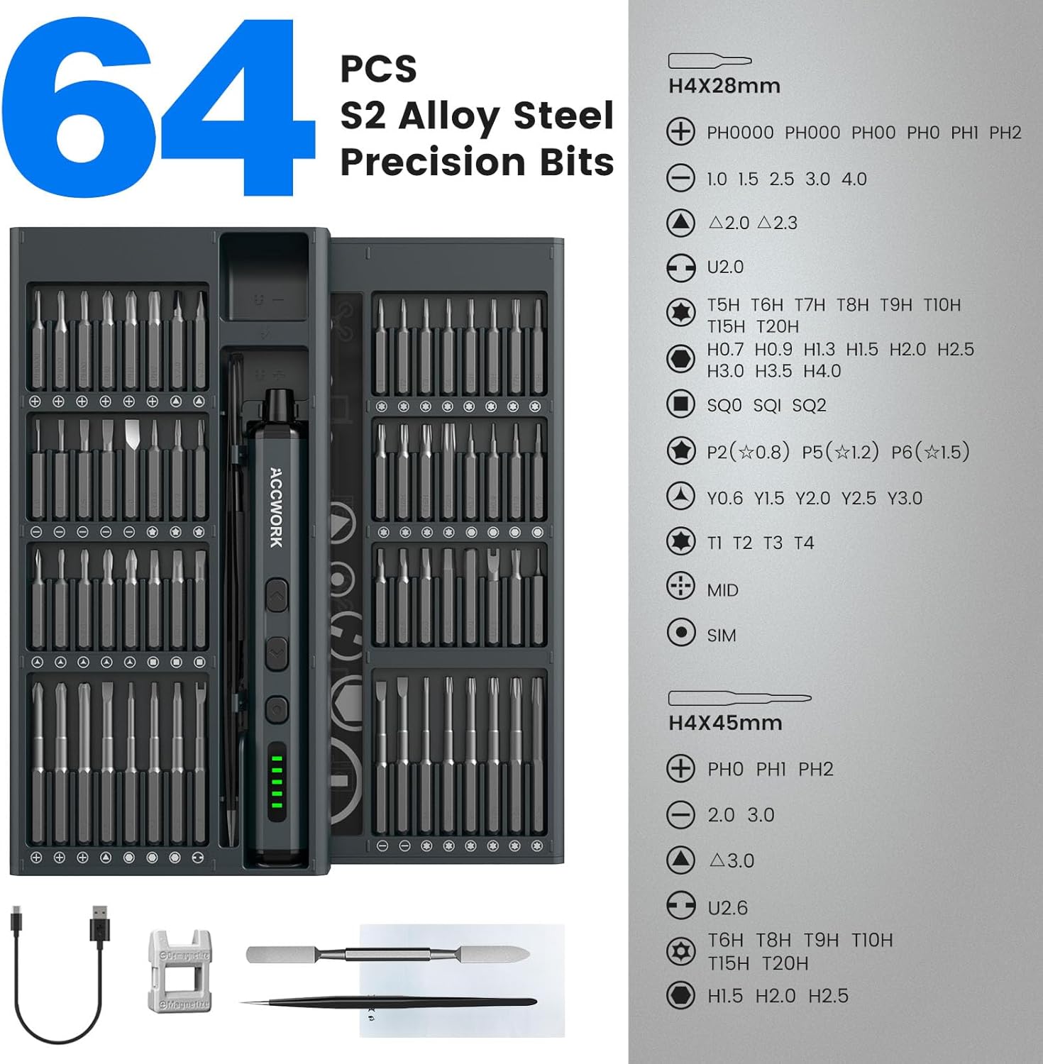 Mini Electric Screwdriver, 68 in 1 Precision Screwdriver Set with 64 Magnetic Bits, 5 Torque Settings, 4 LED Lights, Rechargeable Repair Tool Kit for Electronics, Phone, Camera, Laptop, Watch