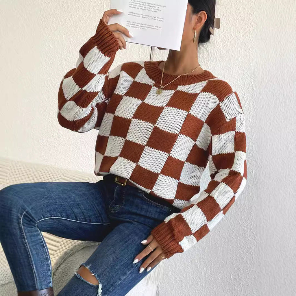 Color Matching Chessboard Plaid Loose Round Neck Pullover Long Sleeve Sweater