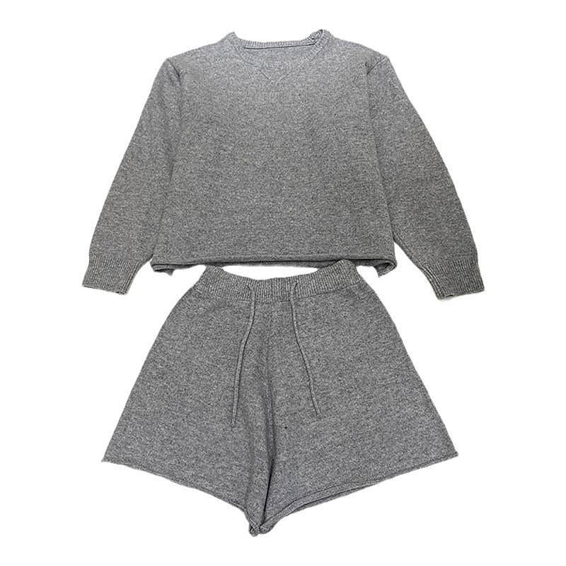 Loose-fitting Long Sleeve Sweater Knitted Wide Leg Shorts Two-piece Set