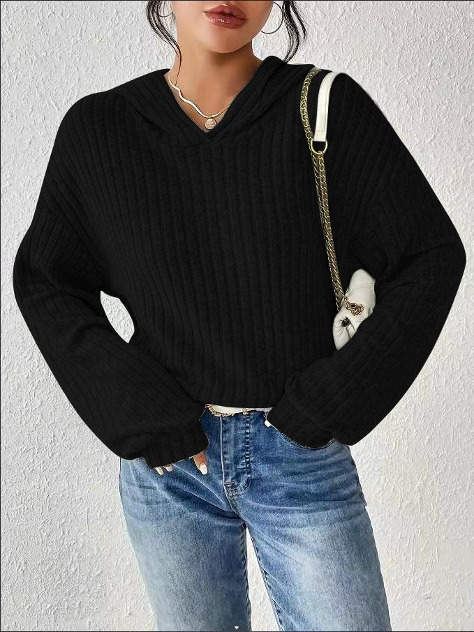 Loose-fitting Solid Color Long Sleeves Casual Sunken Stripe Hooded Sweater