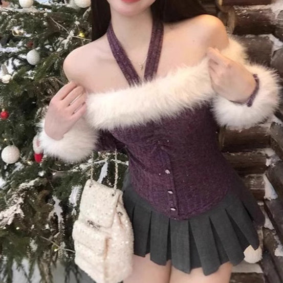Women's Purple Fur Halter Off-shoulder Sweater