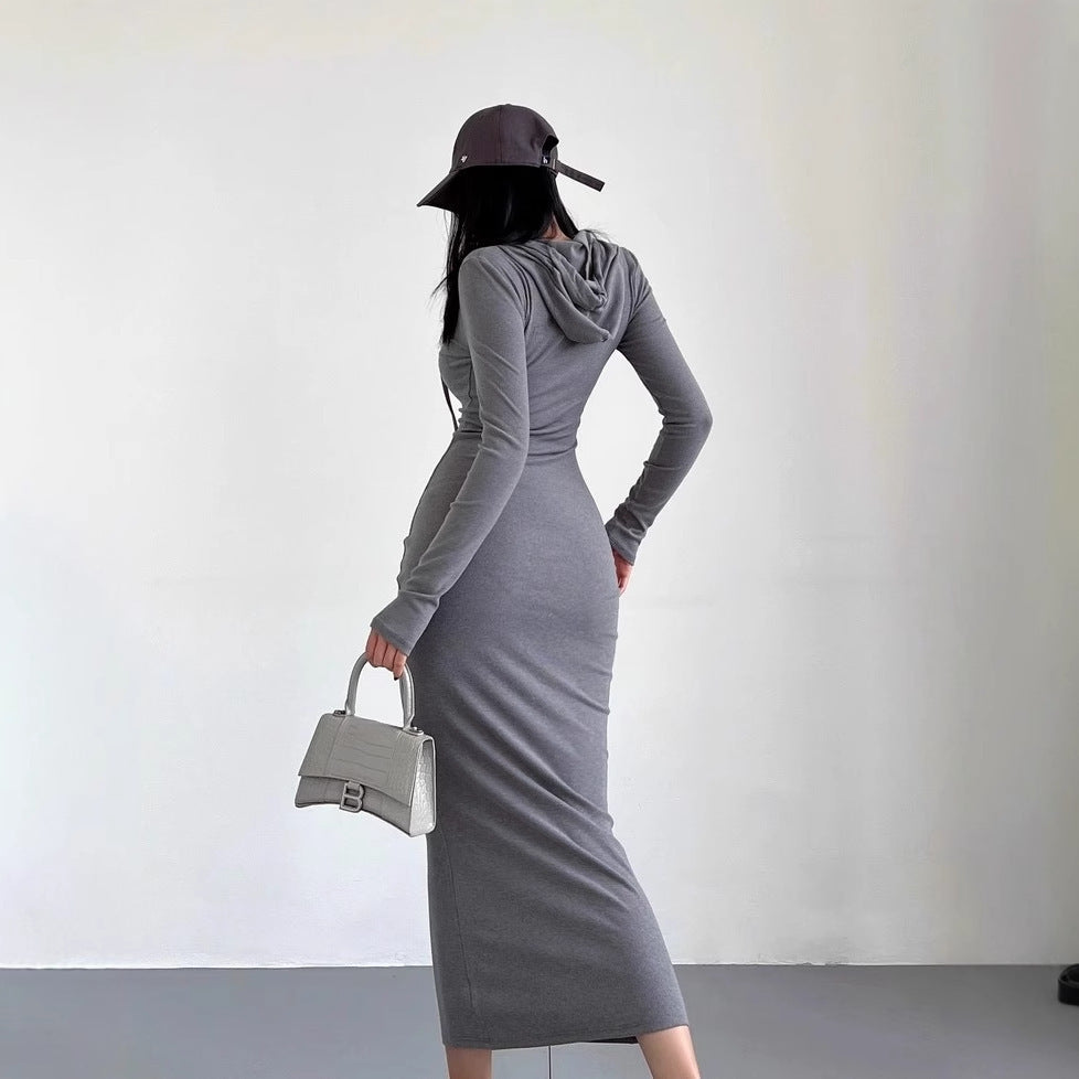 Women's Temperament Sheath Over The Knee Dress Hooded Long Sleeve Underwear Long Dress