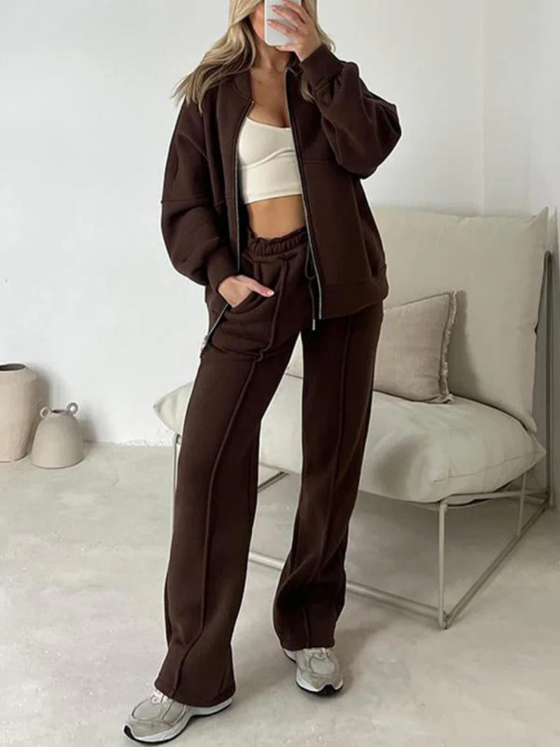 Fashion Casual Solid Color Long-sleeved Sweater Zipper Trousers Two-piece Set