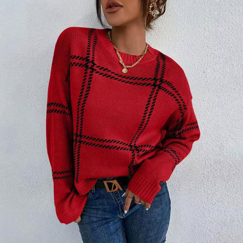 Women's Casual Plaid Color-block Crew Neck Sweater