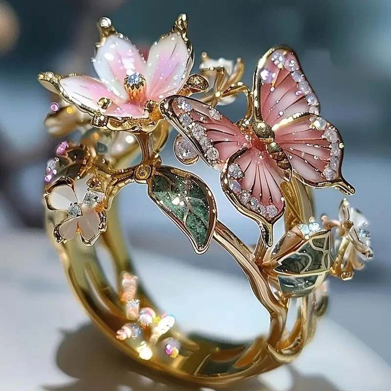 INS Flower Butterfly Ring With Rhinestones And Oil Dropping Design Fashion Personalized Jewelry For Women