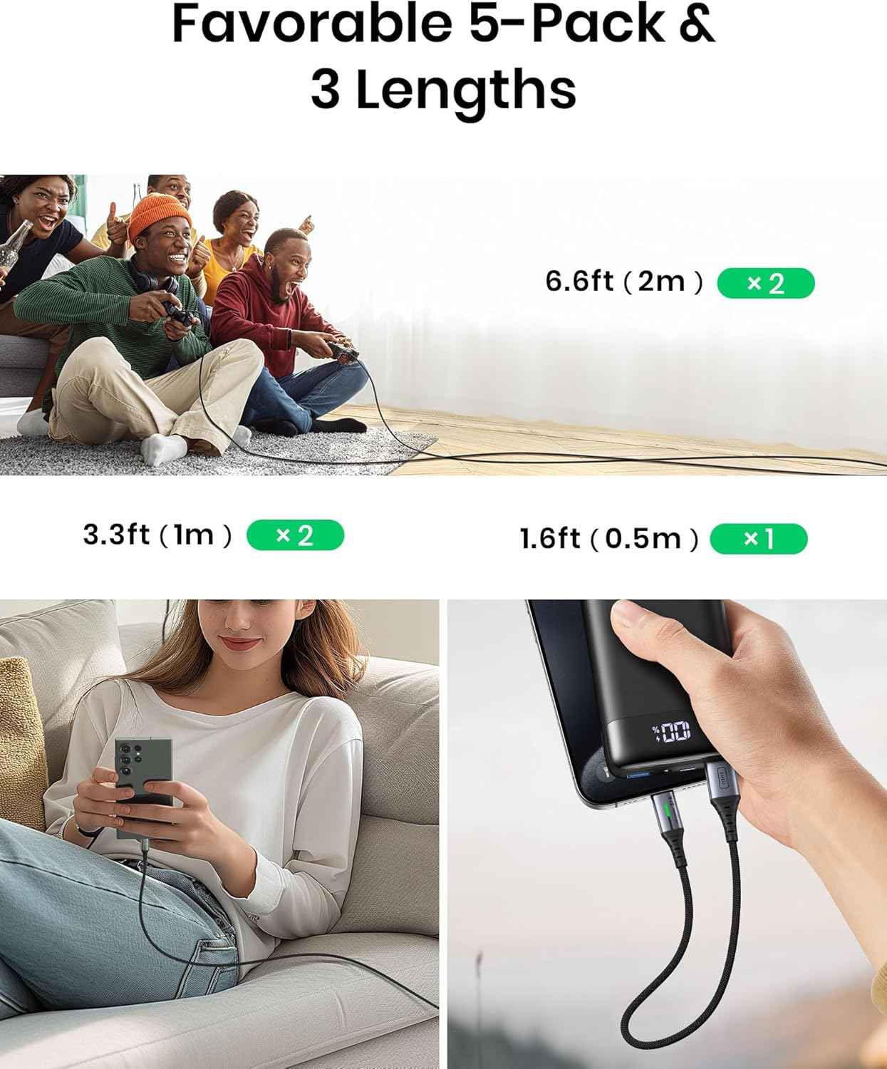 USB-C Fast Charging Cable 3.1A for Phones, Consoles, and More - 5 Pack