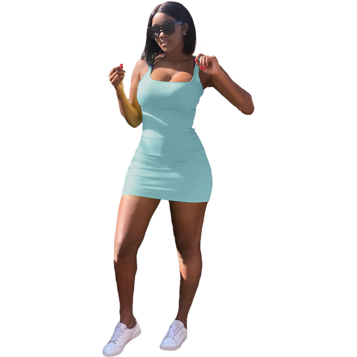 Casual Big U-neck Sunken Stripe Strap Slim Fit Dress