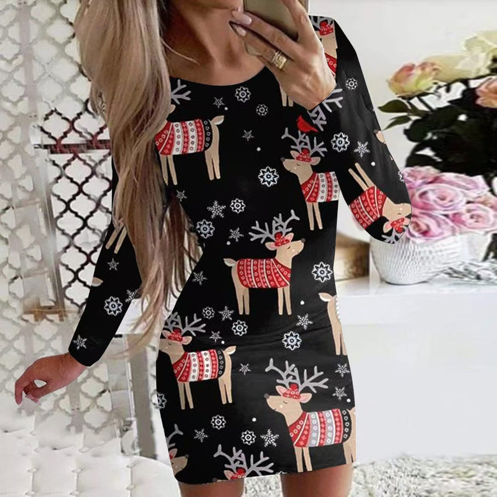 New Christmas Printed Round Neck Long Sleeve Narrow Dress