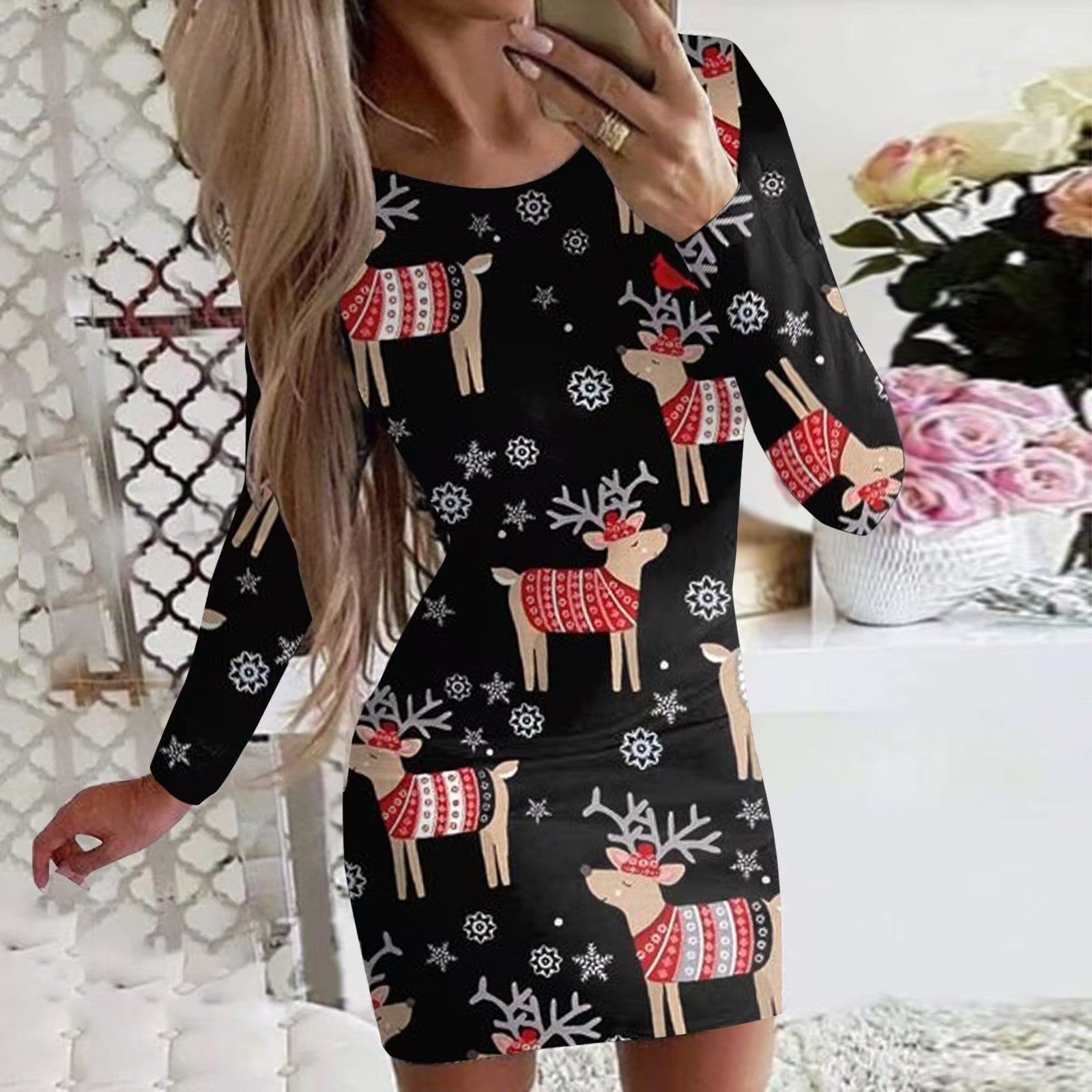 New Christmas Printed Round Neck Long Sleeve Narrow Dress