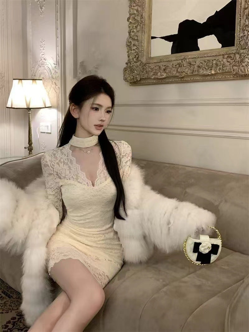 Halter Lace Dress Women's Autumn And Winter Hip-wrapped Figure Inner Skirt