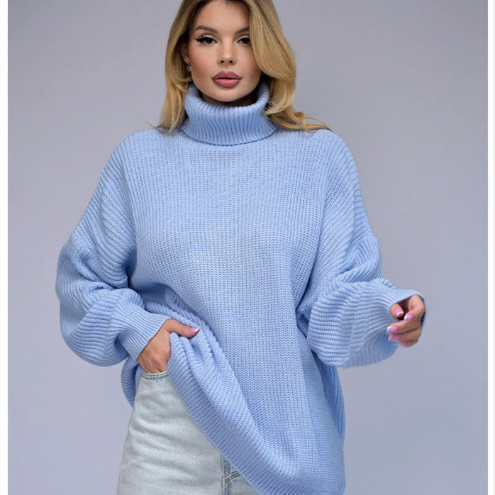Women's Solid Color Casual High Neck Pullover Sweater