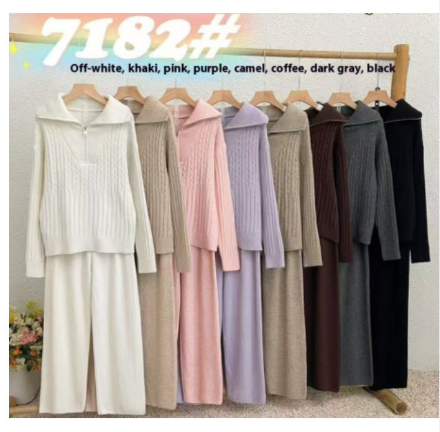 Turtleneck Zipper Lapel Pullover Long Sleeve Sweater Wide Leg Pants Two-piece Set