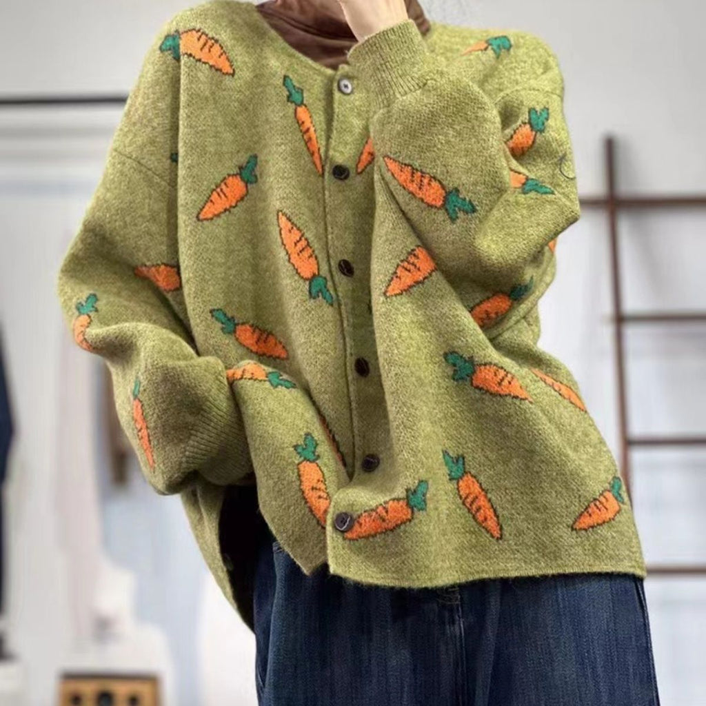 Round Neck Mori Artistic Printing Color Contrast Loose Casual Cardigan Sweater