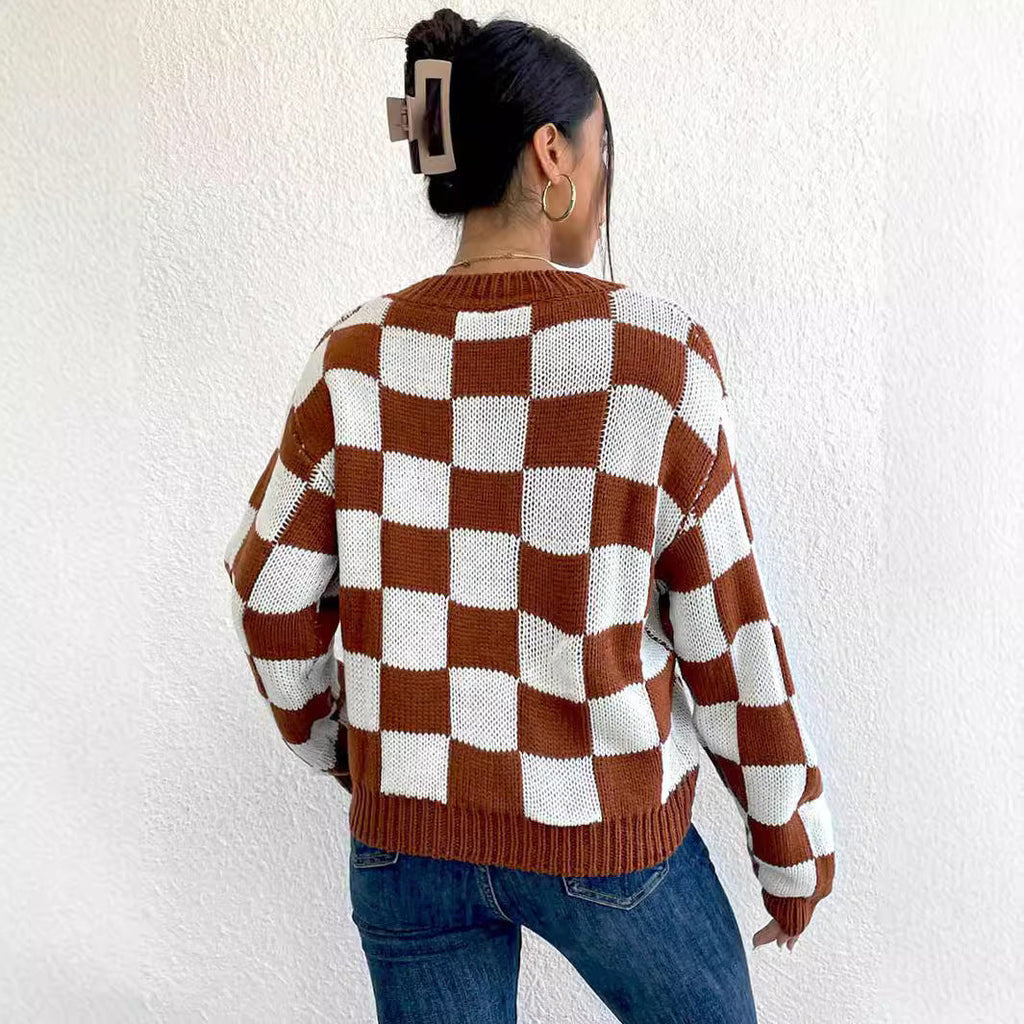Color Matching Chessboard Plaid Loose Round Neck Pullover Long Sleeve Sweater