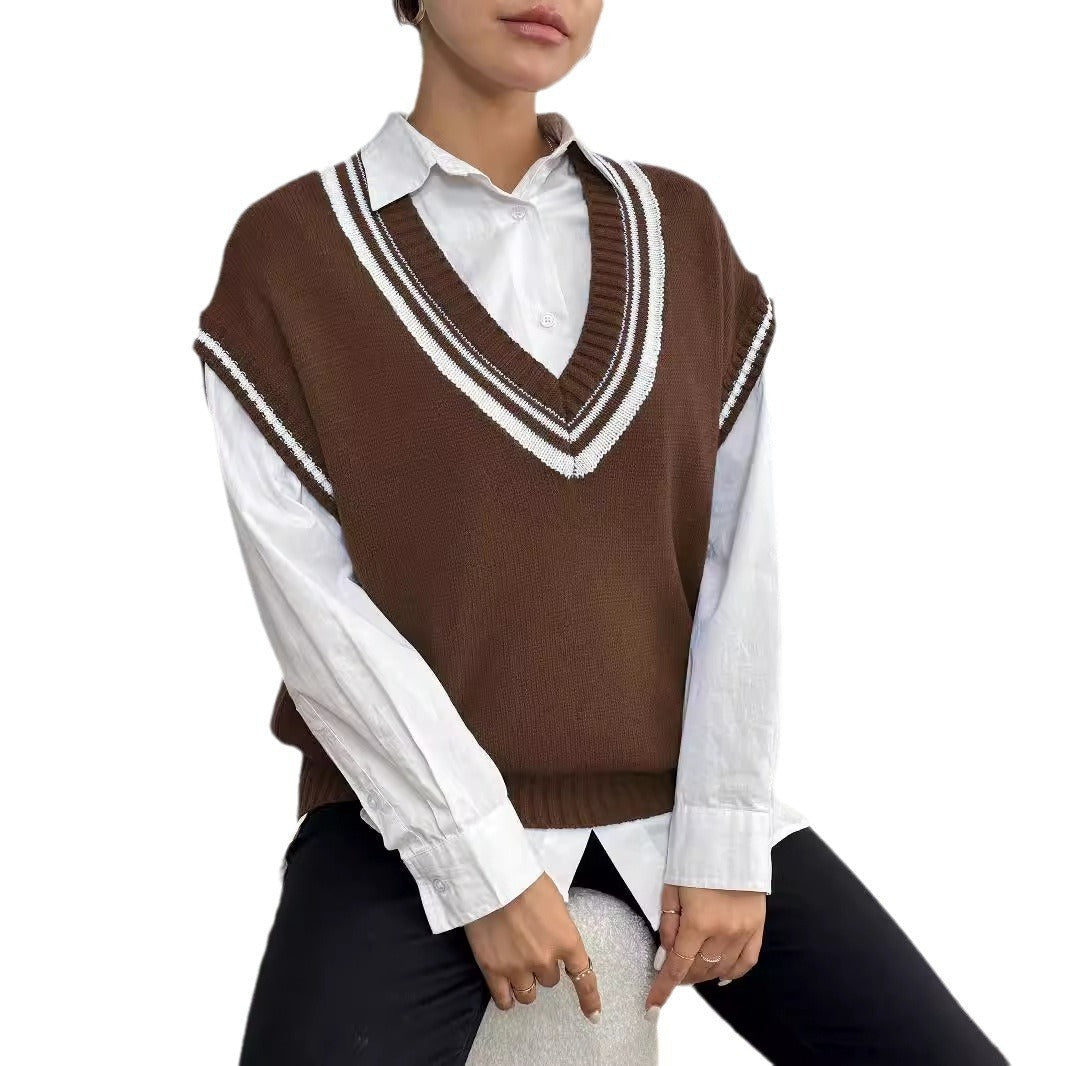 Environment European And American Women's Clothing Color Matching Casual Wool Vest Sweater