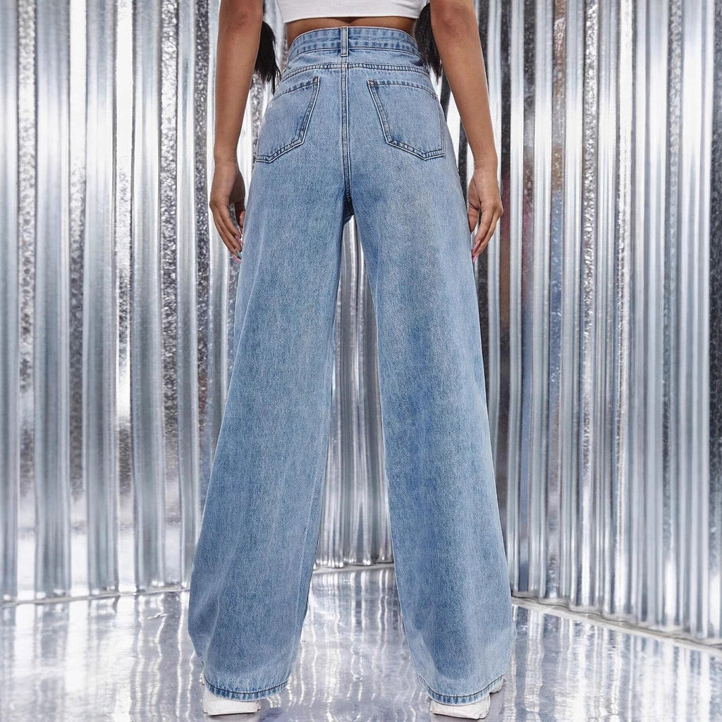 Women's Washed High Waist Straight-leg Denim Trousers