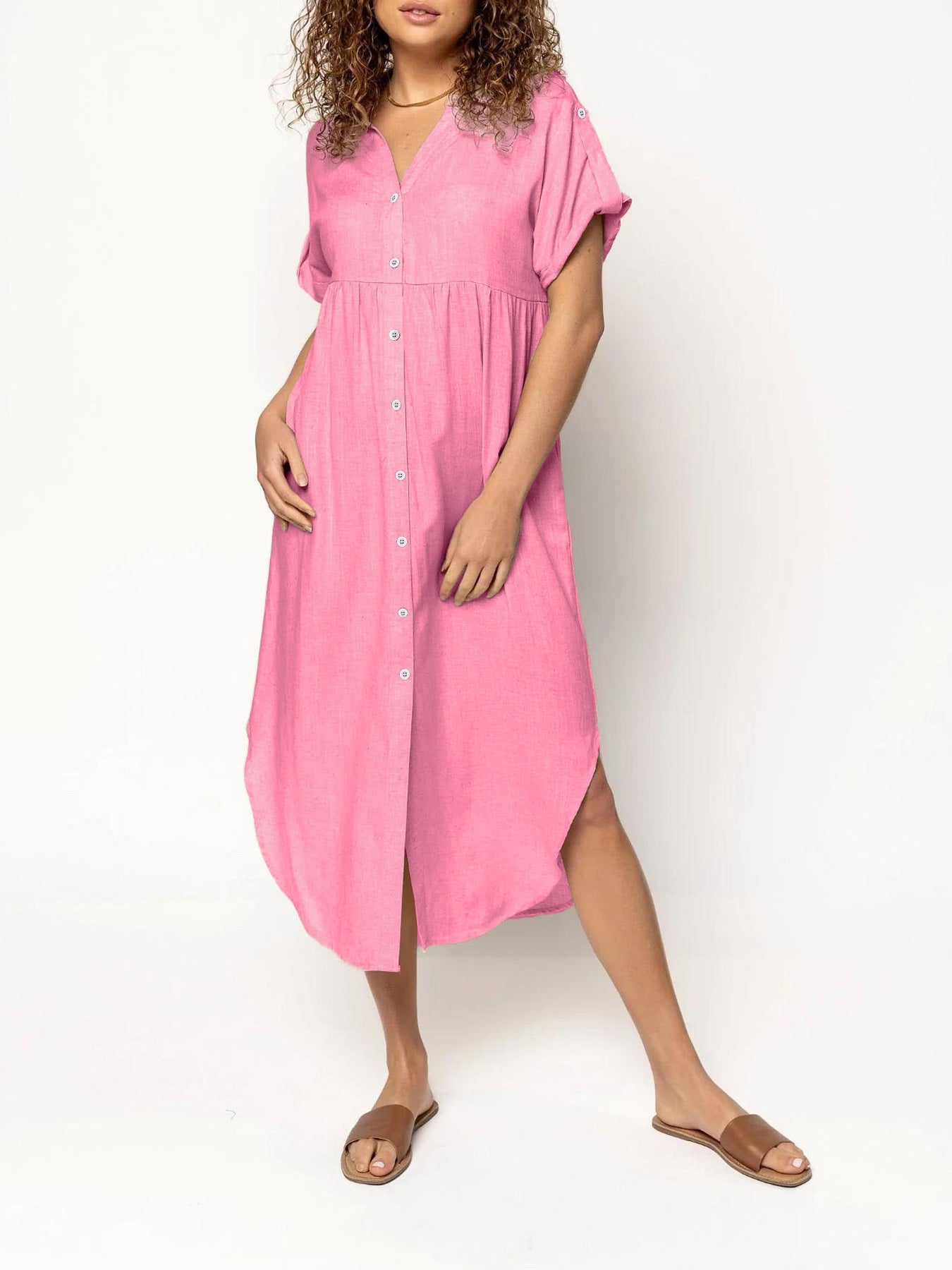 Loose Temperament Casual Solid Color Buttons Mid-length Dress