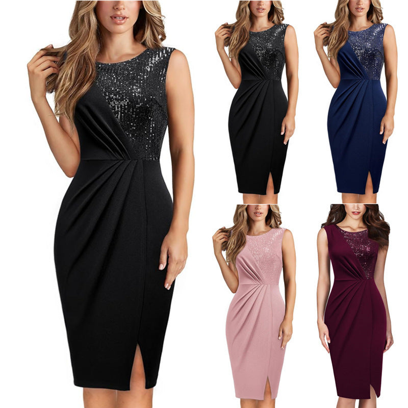 Sequin Stitching Slim Fit Slit Party Dress Women's Clothing