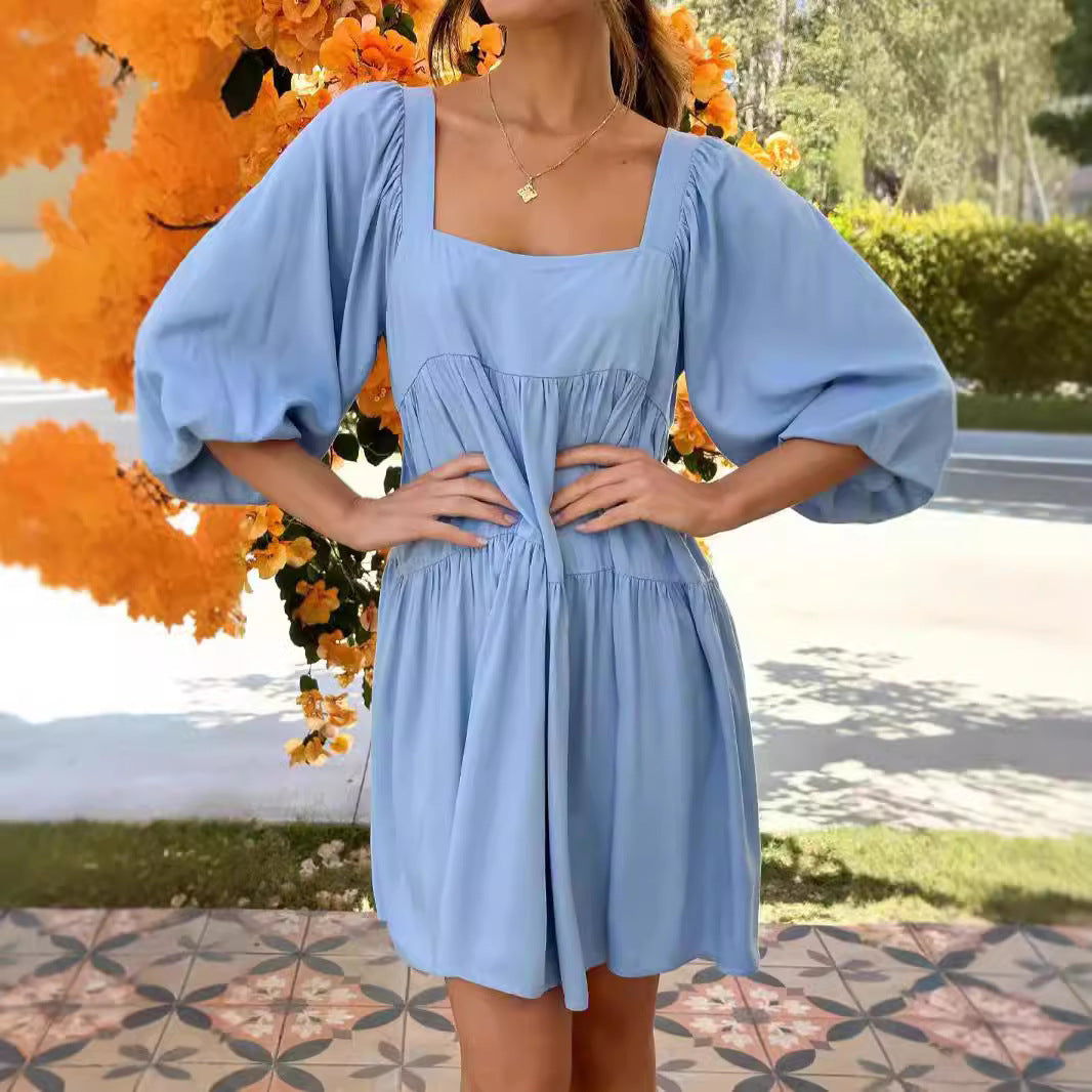 Pullover Square Collar Puff Sleeve Solid Color Backless Dress Children