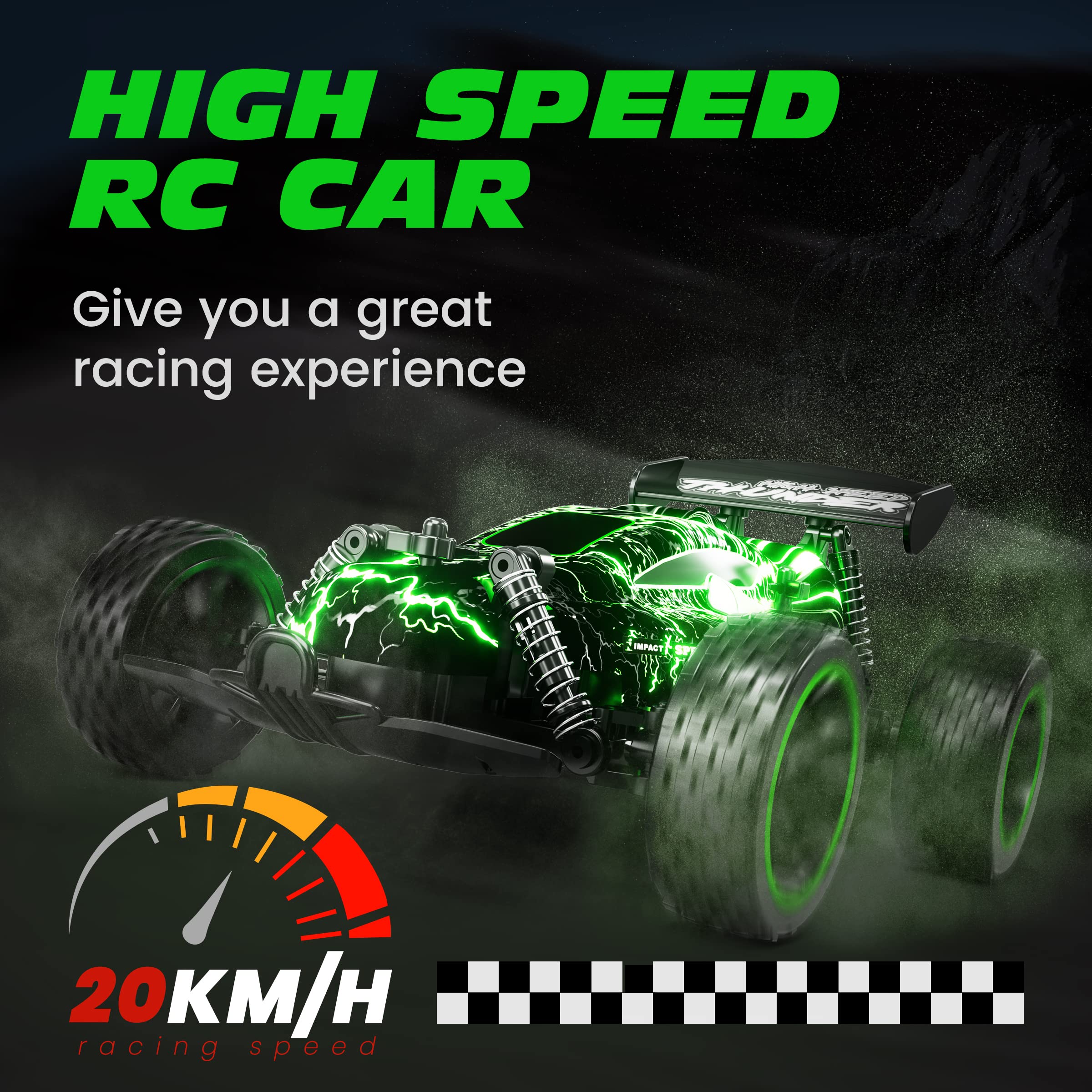 Tecnock RC Remote Control Car for Kids, 1:18 High Speed 20 KM/H 2WD RC Buggy, 2.4GHz Off Road Racing Car with Rechargeable Batteries, Gift for Boys and Girls