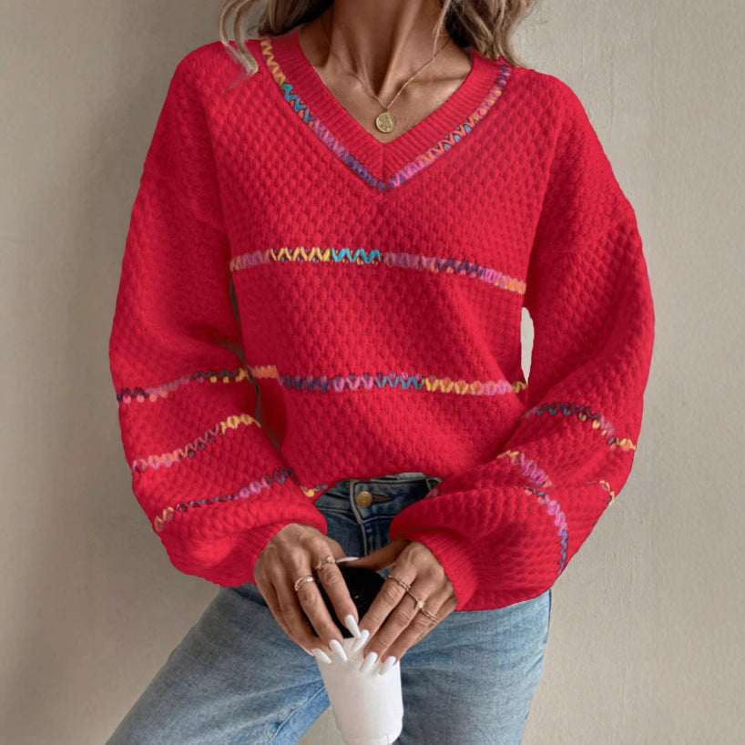 V-collar Contrast Color Women's Long Sleeve Pullover Loose Sweater