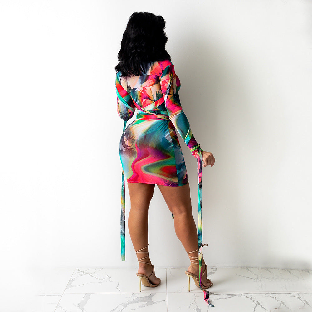 Sexy Women Mesh See-Through Printed Dress With Bandage