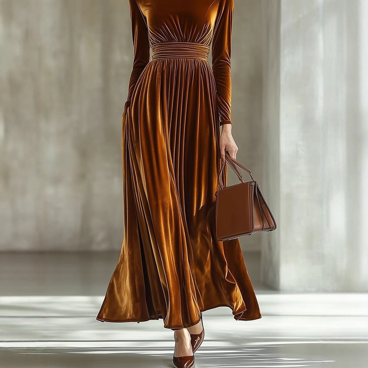 Pleuche Long Sleeve Dress Waist Slimming