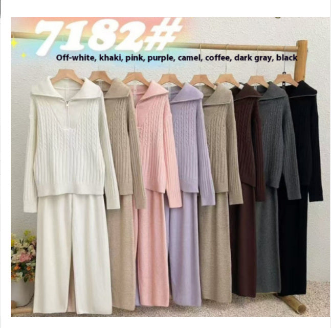 Turtleneck Zipper Lapel Pullover Long Sleeve Sweater Wide Leg Pants Two-piece Set