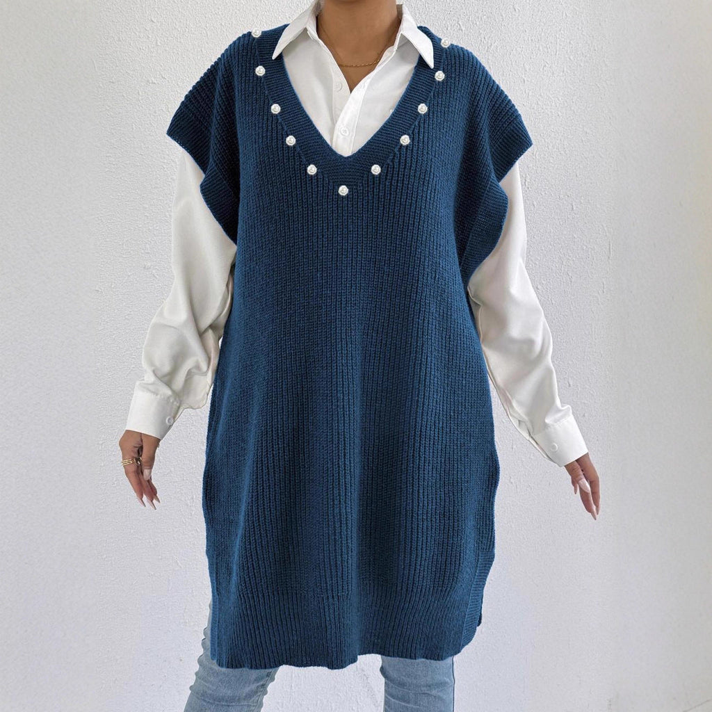 Preppy Style Casual Vest Dress V-neck Beaded Loose