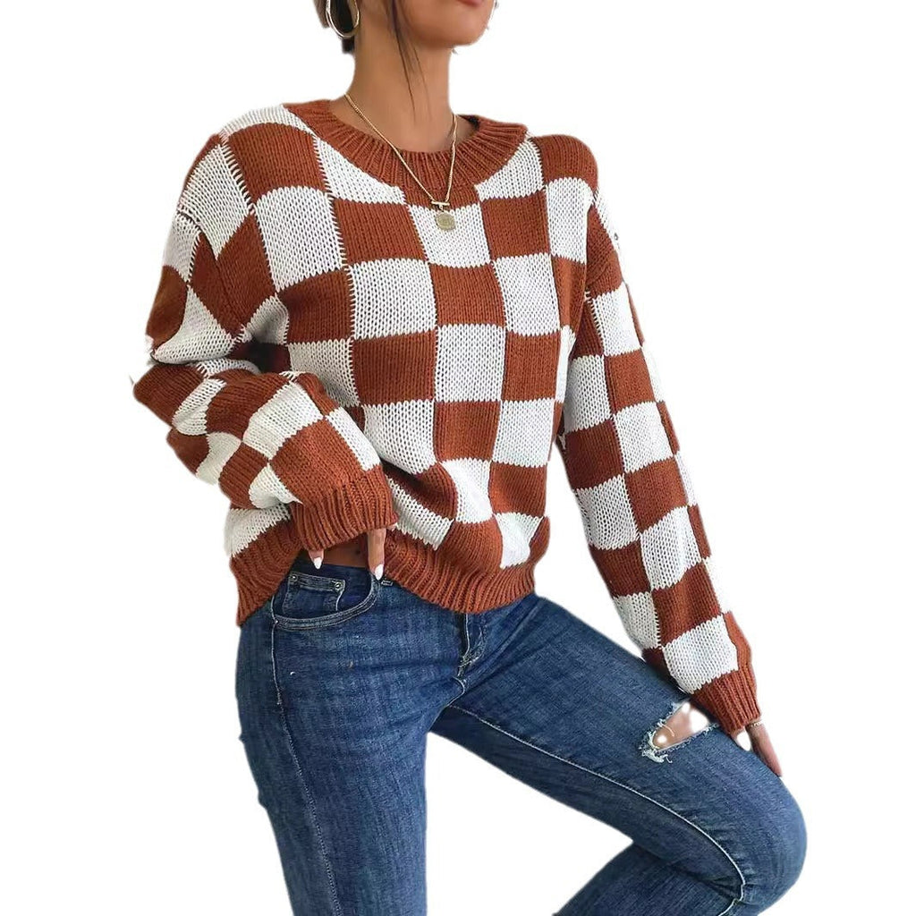 Color Matching Chessboard Plaid Loose Round Neck Pullover Long Sleeve Sweater