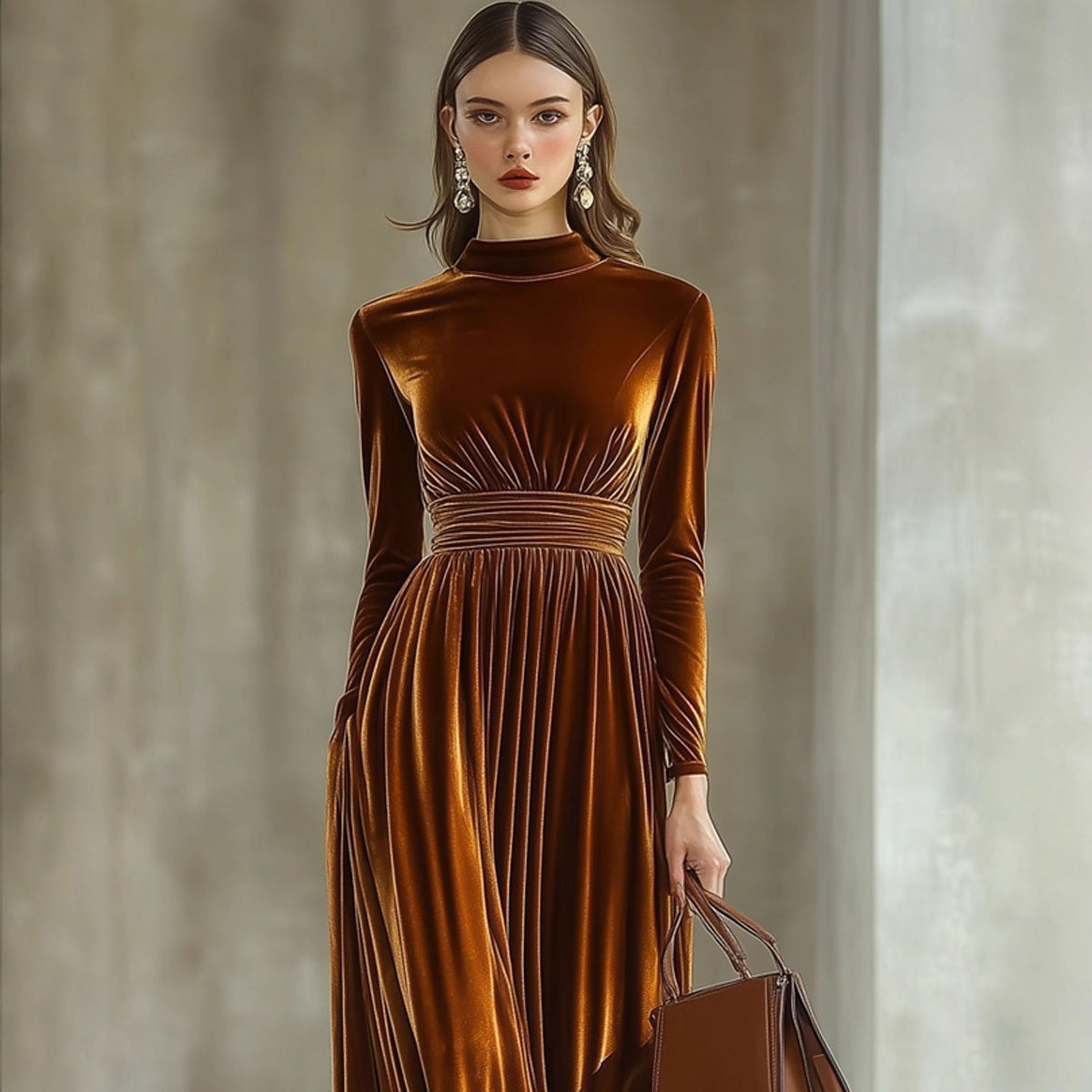 Pleuche Long Sleeve Dress Waist Slimming