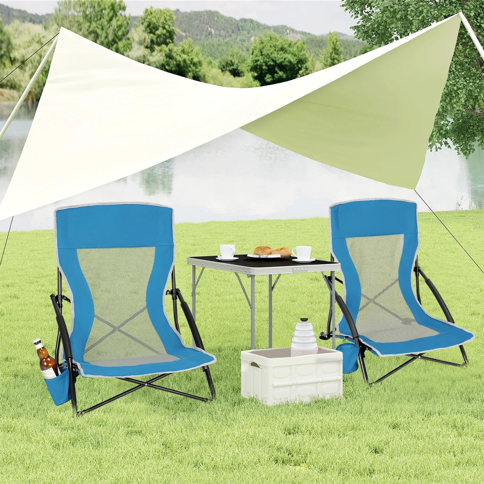 WOLTU Blue Foldable Camping Chair Portable Fishing Chair Beach Lounger Folding Armchair with Mesh Backrest Cup Holder Carry Bag