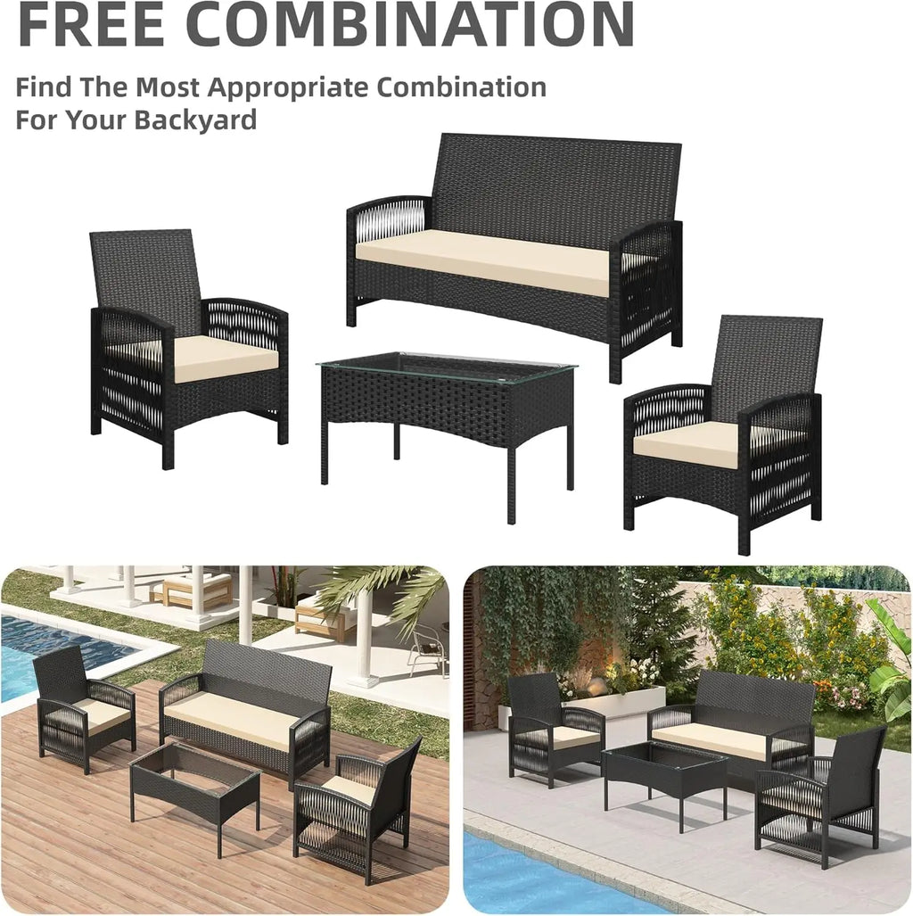 mcc direct 4Pcs Rattan Garden Furniture Set, Patio Rattan furniture sofa 2 Armchairs, 1 Loveseat Sofa and 1 coffee table  Sofia
