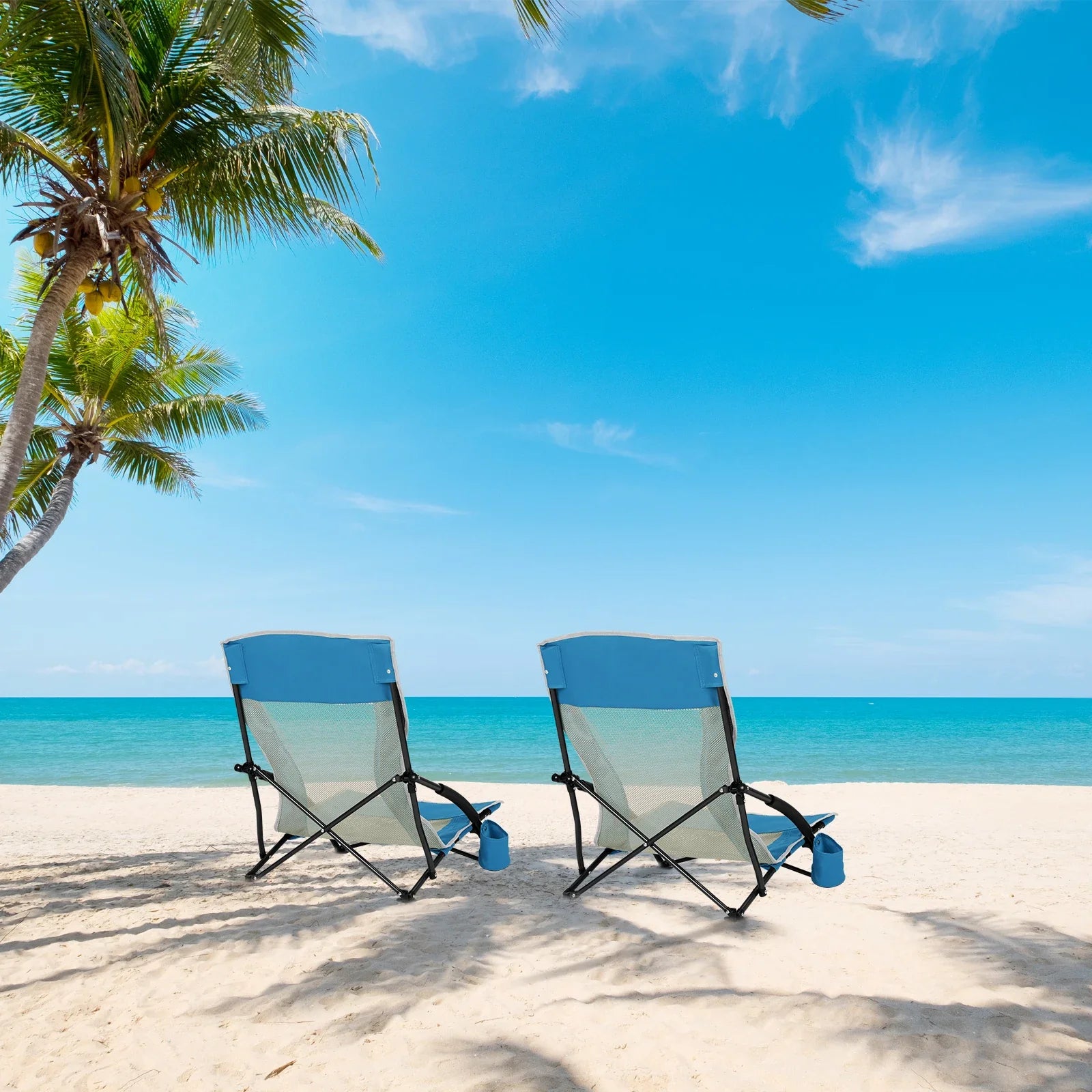 WOLTU Blue Foldable Camping Chair Portable Fishing Chair Beach Lounger Folding Armchair with Mesh Backrest Cup Holder Carry Bag