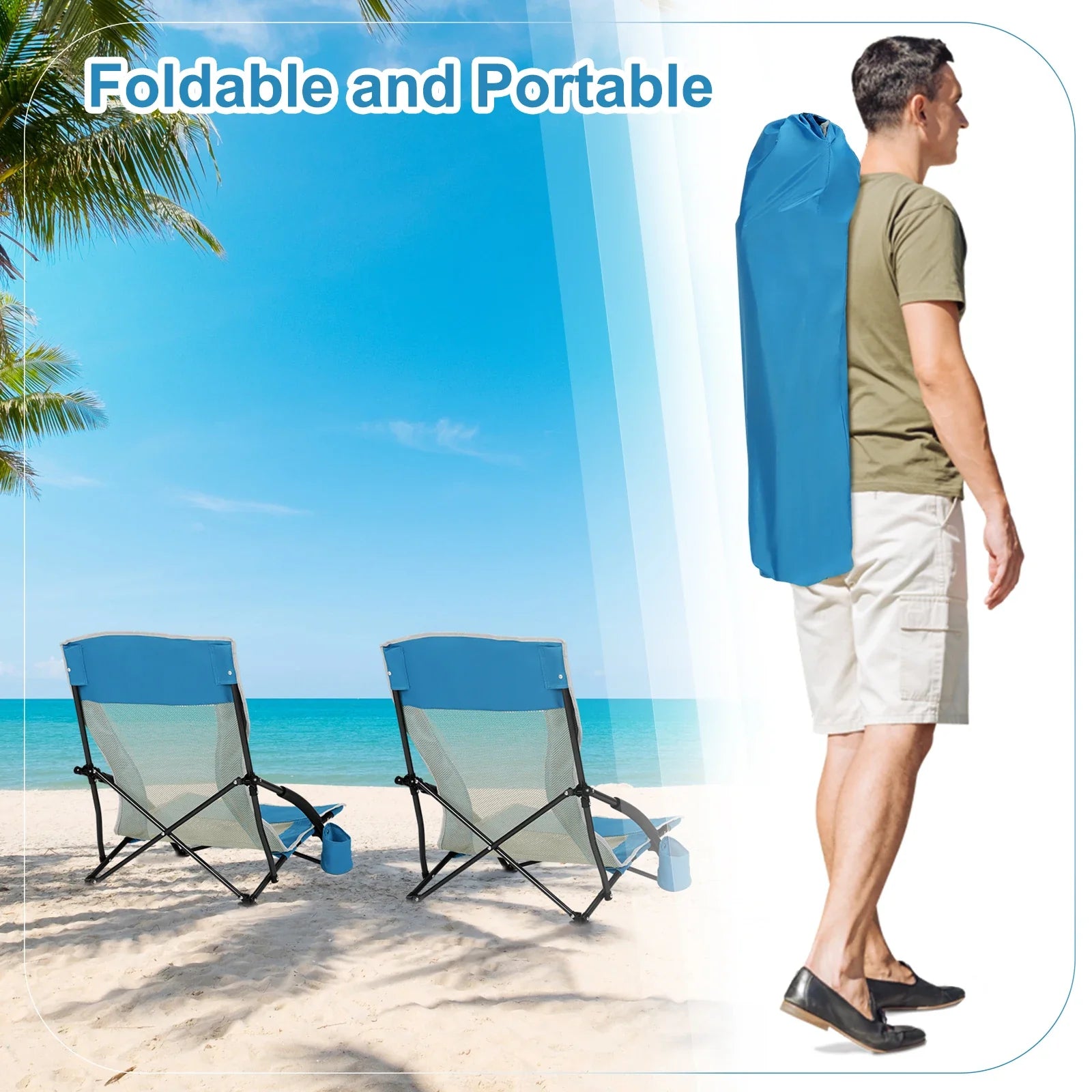 WOLTU Blue Foldable Camping Chair Portable Fishing Chair Beach Lounger Folding Armchair with Mesh Backrest Cup Holder Carry Bag