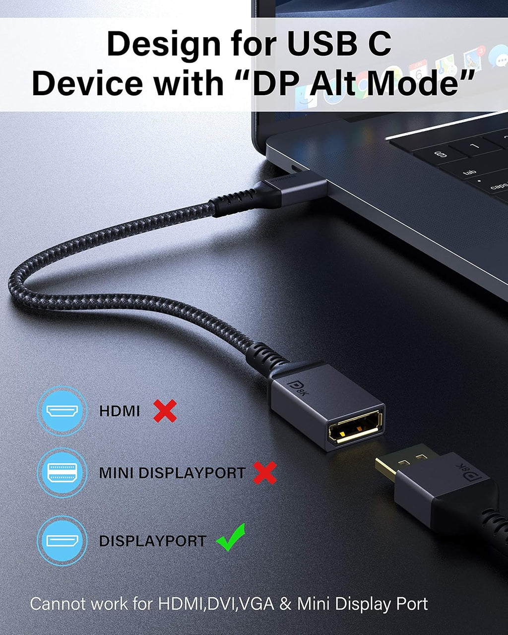USB C to DisplayPort Adapter 8K@60Hz Thunderbolt 3 to DP Adapter HBR3 Mac & Win