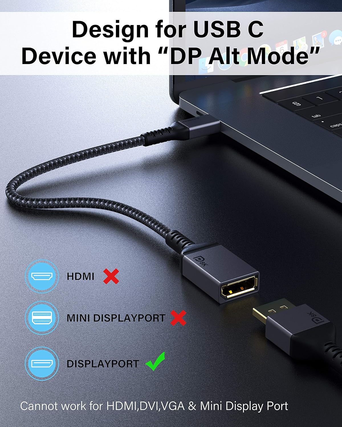 USB C to DisplayPort Adapter 8K@60Hz Thunderbolt 3 to DP Adapter HBR3 Mac & Win