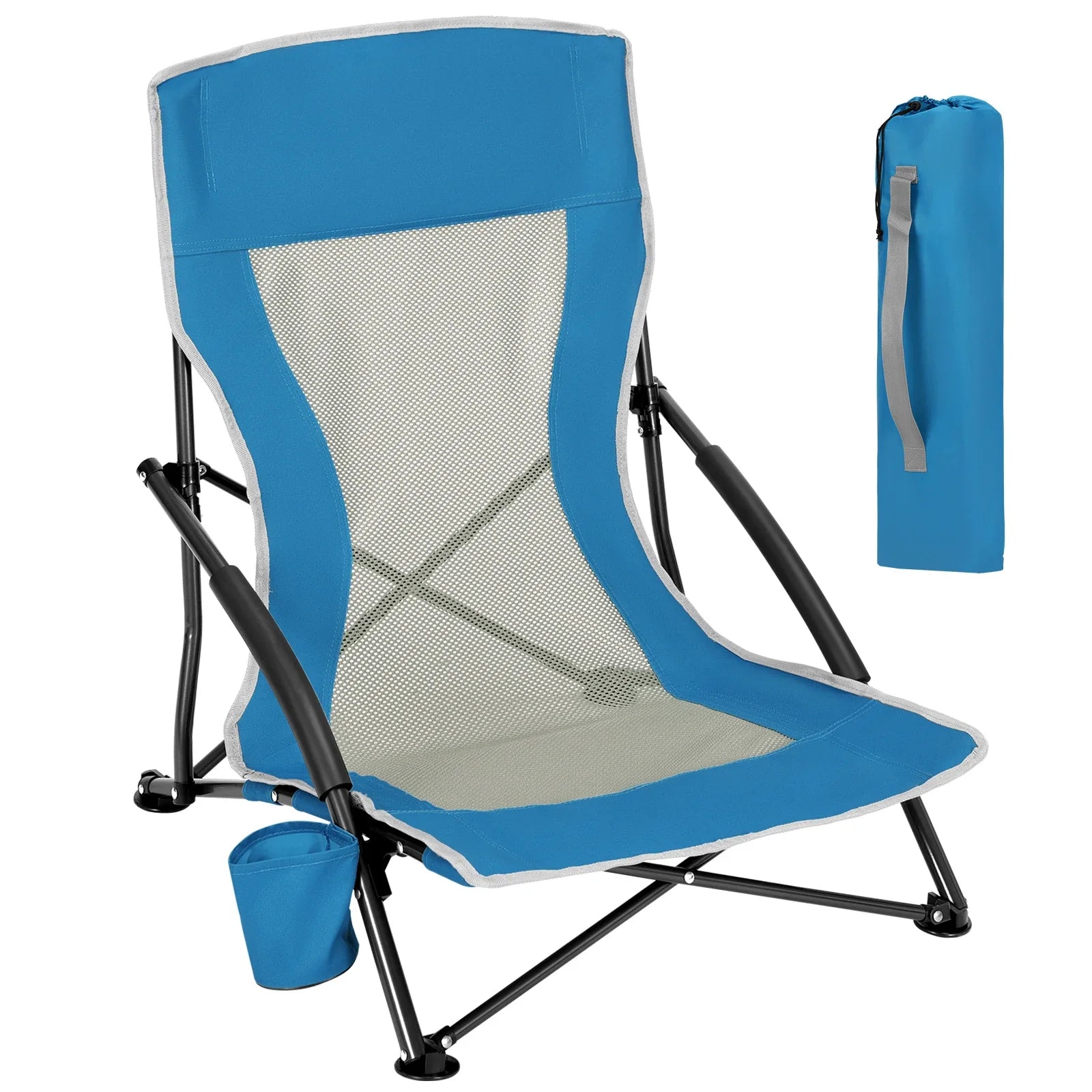 WOLTU Blue Foldable Camping Chair Portable Fishing Chair Beach Lounger Folding Armchair with Mesh Backrest Cup Holder Carry Bag