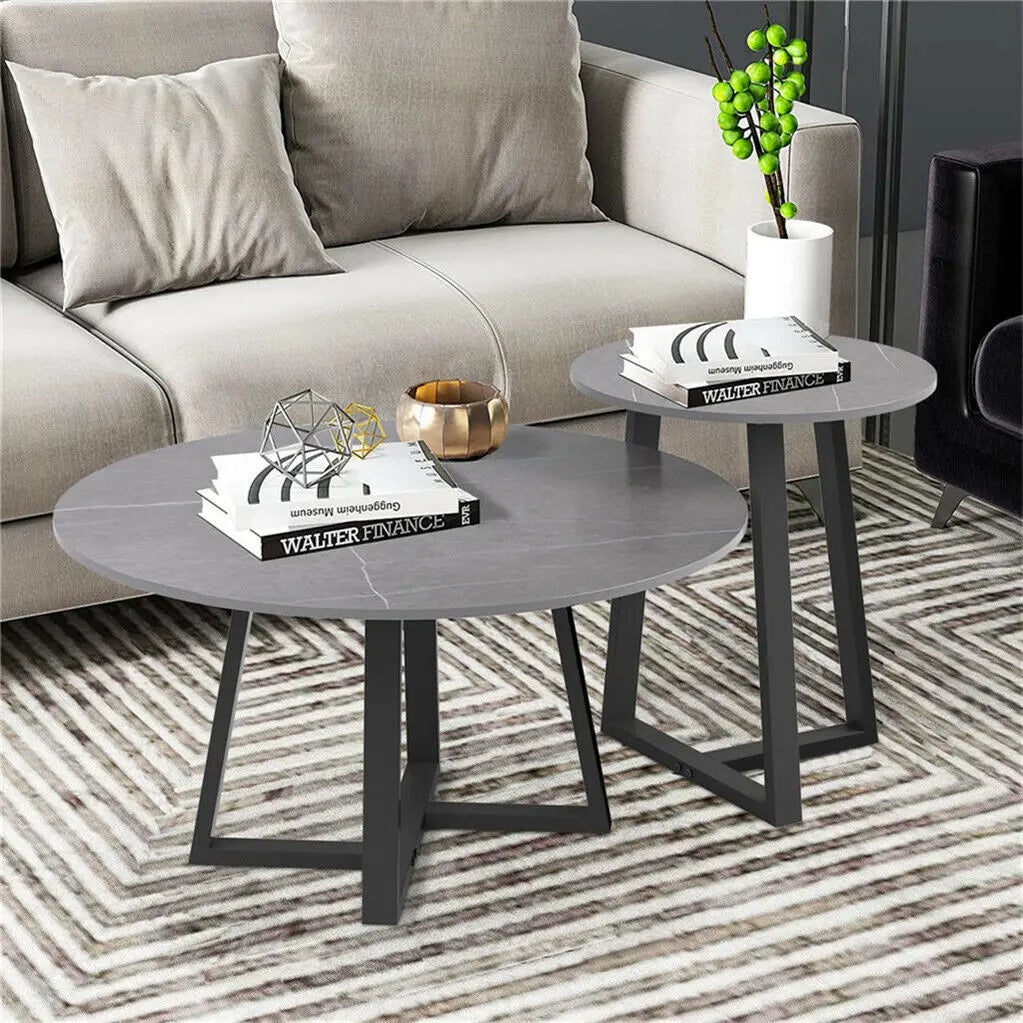LUVODI Modern Set of 2 Living Room Round Center Table Furniture Marble Sofa Side Nesting Coffee Table with Metal Legs