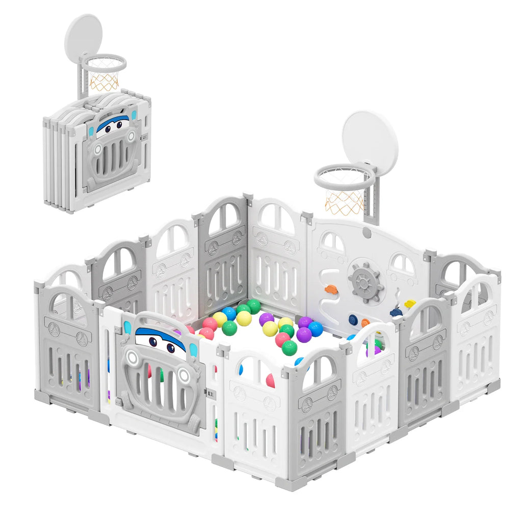 UBRAVOO Foldable Baby Playpen with Basketball Hoop & 50Pcs Coloured Pit Balls,  Toddler and Baby Play pen  fence, 14-Panel
