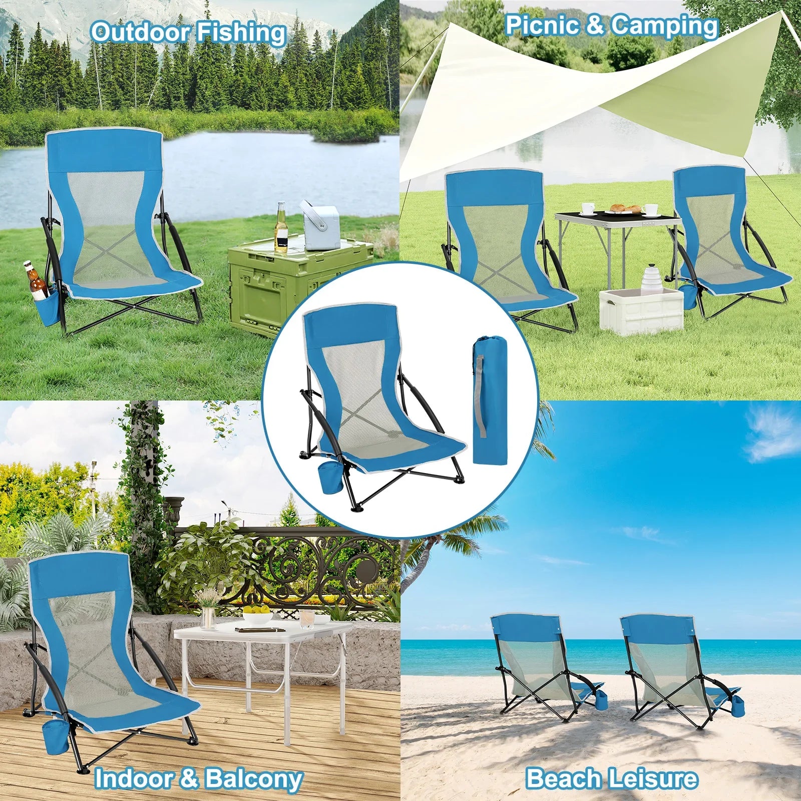 WOLTU Blue Foldable Camping Chair Portable Fishing Chair Beach Lounger Folding Armchair with Mesh Backrest Cup Holder Carry Bag