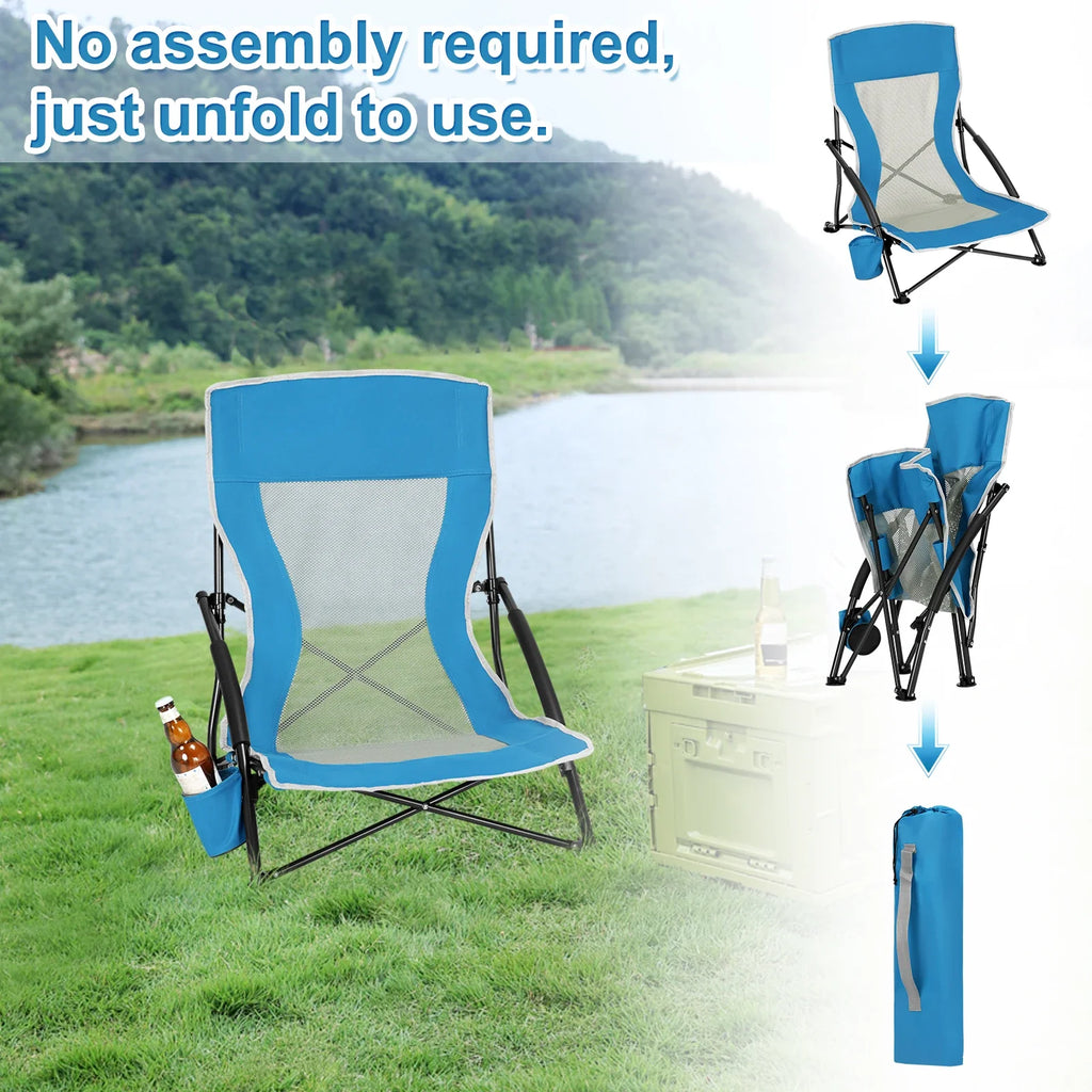 WOLTU Blue Foldable Camping Chair Portable Fishing Chair Beach Lounger Folding Armchair with Mesh Backrest Cup Holder Carry Bag