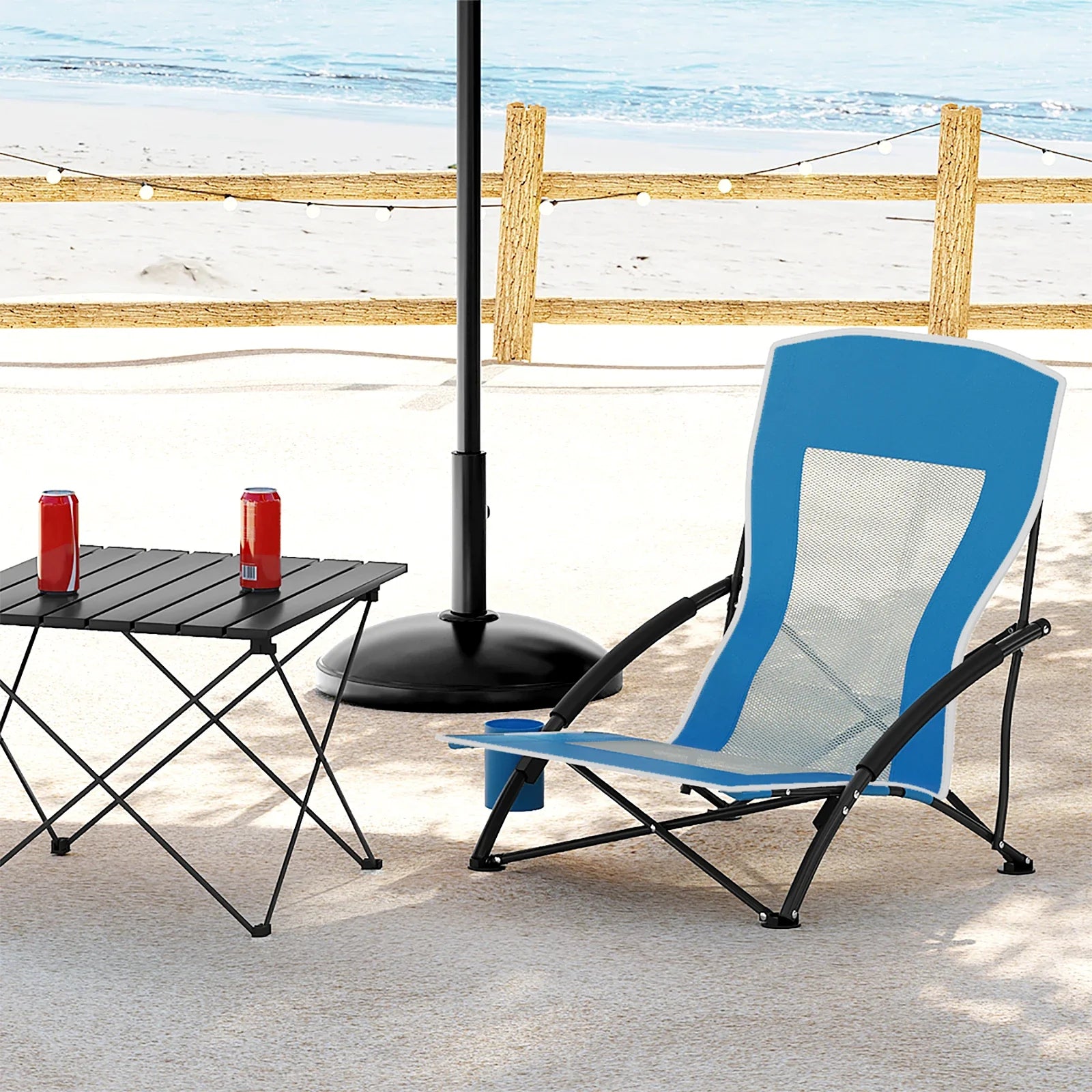 WOLTU Blue Foldable Camping Chair Portable Fishing Chair Beach Lounger Folding Armchair with Mesh Backrest Cup Holder Carry Bag