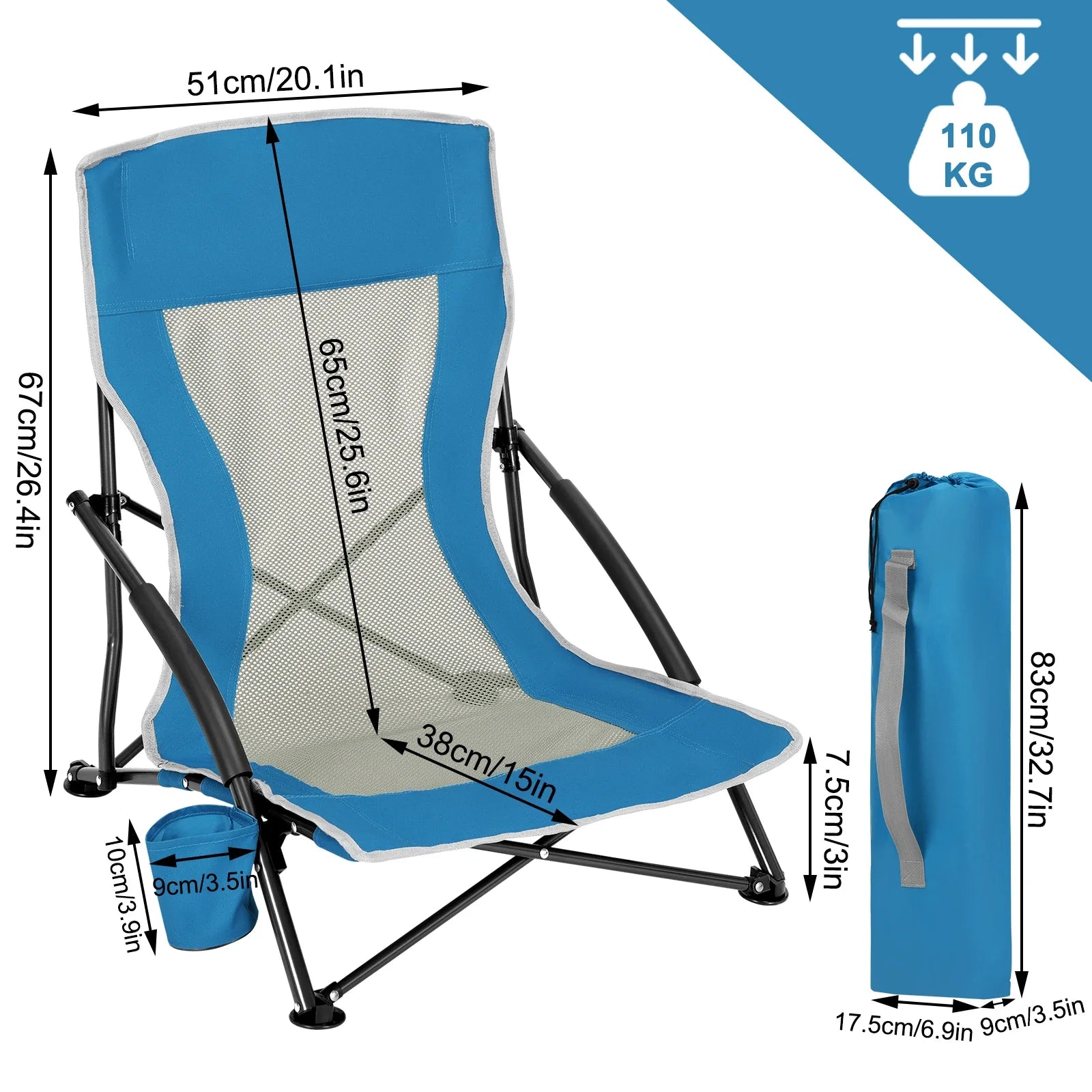 WOLTU Blue Foldable Camping Chair Portable Fishing Chair Beach Lounger Folding Armchair with Mesh Backrest Cup Holder Carry Bag