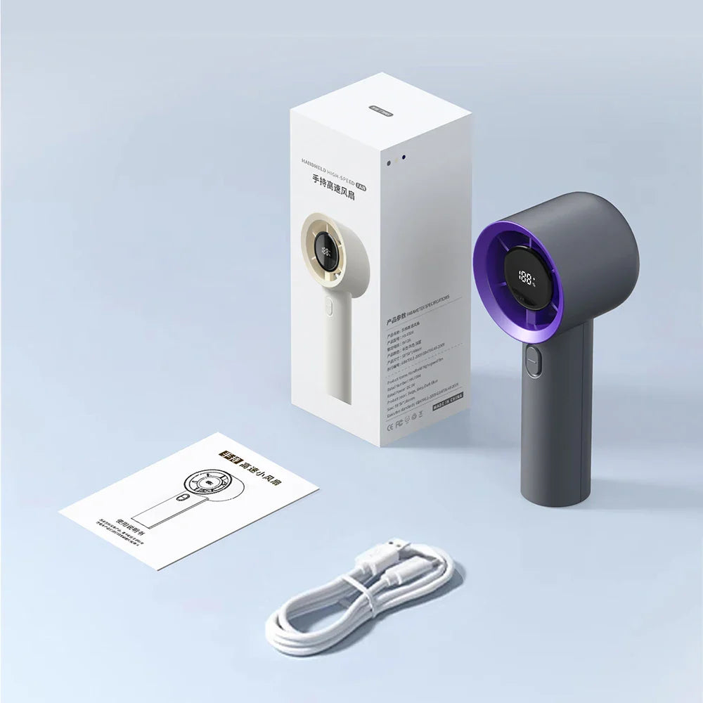 Portable Handheld Fan Compact 5-Speed USB Rechargeable Fan Outdoor Personal Travel Fan with Digital Display Mini Desk Home Fan