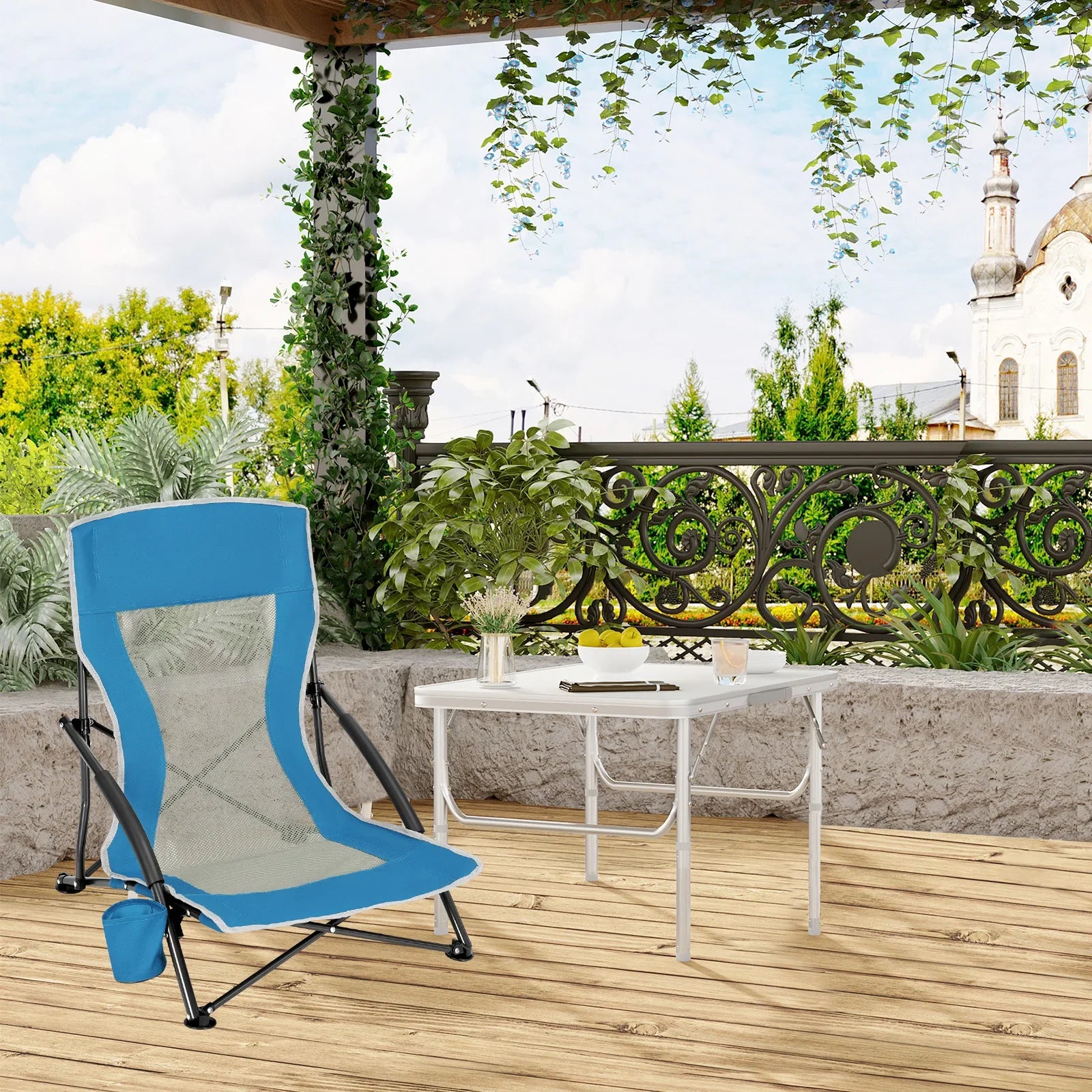 WOLTU Blue Foldable Camping Chair Portable Fishing Chair Beach Lounger Folding Armchair with Mesh Backrest Cup Holder Carry Bag