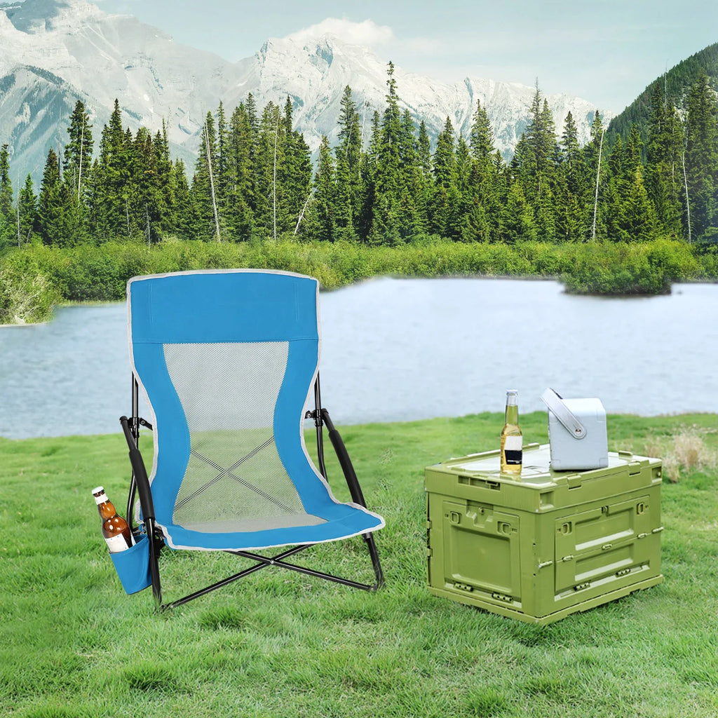 WOLTU Blue Foldable Camping Chair Portable Fishing Chair Beach Lounger Folding Armchair with Mesh Backrest Cup Holder Carry Bag