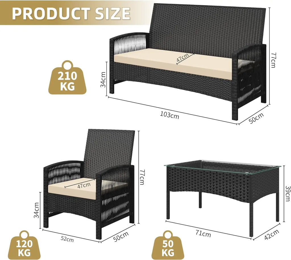 mcc direct 4Pcs Rattan Garden Furniture Set, Patio Rattan furniture sofa 2 Armchairs, 1 Loveseat Sofa and 1 coffee table  Sofia